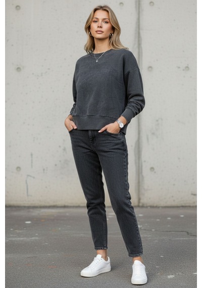 Kadın Füme Bisiklet Yaka Taş Yıkama Pamuklu Rahat Kesim Sweatshirt - Kadın Sweatshirt Antrasit