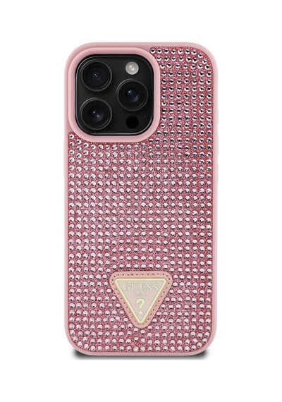 Apple Uyumlu iPhone 16 Pro Max Kılıf Guess Lisanslı Üçgen Logolu Taşlı Kapak Pembe