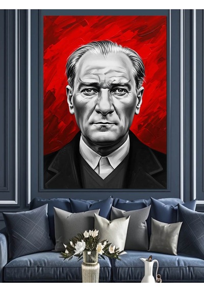 Kırmızı Arkaplan Atatürk Portresi Dekoratif Kanvas - Mdf Ahşap Tablo