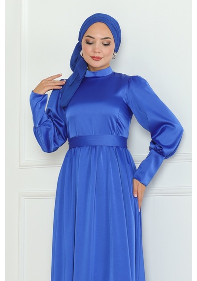Kuşaklı Saten Abiye 1136 - Saks Mavisi