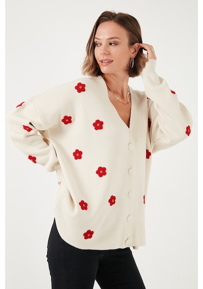 Lela Oversize Fit Çiçekli Düğmeli V Yaka Soft Akrilik Bayan Hırka 4616192 Krem