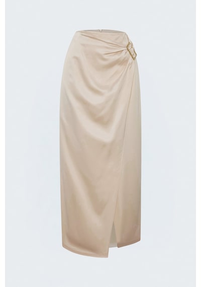 Sateen Toka Detaylı Saten Etek - Bej-138022