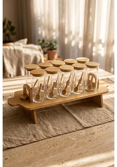Atbyhome 33 Parça Bambu Standlı Cam Baharatlık Seti 10 Adet 250 Ml - Kaşıklı Vakum Kapaklı Baharat Takımı Kahverengi