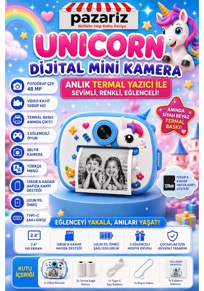 Çocuk Dijital Kamera Unicorn Sevimli At Temalı Termal Yazıcılı 2.4 İnç Ekran Fotoğraf Video Selfie 3 Oyunlu Anında Baskı Makinesi Print Kamera Çift Kamera, Silikon Kılıf Çocuk Dijital Kamera Unicorn Sevimli At Temalı Termal Yazıcılı 2.4 İnç Ekran Fotoğraf Video Selfie 3 Oyunlu Anında Baskı Makinesi Print Kamera Çift Kamera, Silikon Kılıf