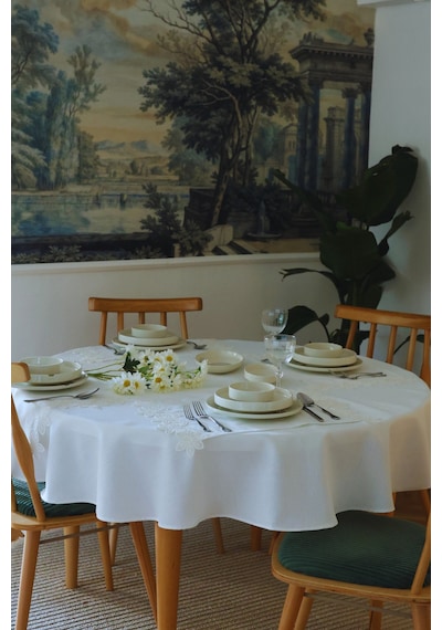 Akacihome Yaprak Güpürlü 4'lü Amerikan Servis& Runner Gardenya Keten Yıkanabilir Leke Tutmaz Premium Çeyiz Set Krem