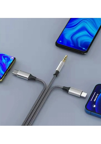 Type-c Apple Uyumlu iPhone Lightning To 3.5mm Aux Kumaş Örgülü Ses Kablosu 3 İn 1 Stereo Destekli Mt2811