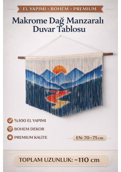 El Yapımı Makrome Duvar Tablosu Gün Batımı Dağ Manzaralı Bohem Dekoratif Duvar Süsü Büyük Boy Salon Tablo 001