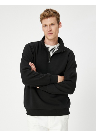 Koton Yarım Fermuarlı Sweatshirt Dik Yaka Uzun Kollu Şardonlu Siyah 4wam70024mk Siyah