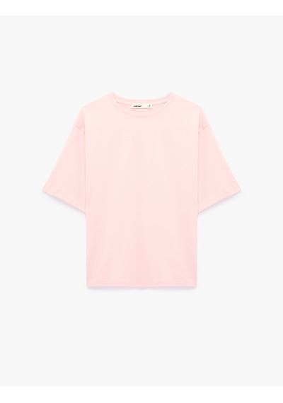 Koton Pamuklu Kısa Kollu Bisiklet Yaka Oversize Basic Tişört Pembe 6sak50364ek Gül