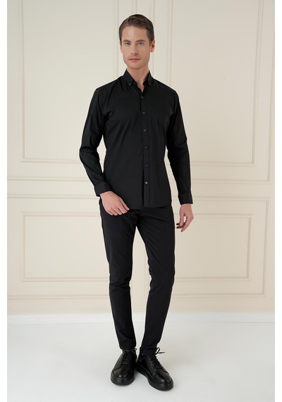 Efor Slim Fit Düğmeli Yaka Esnek Klasik Siyah Gömlek Gk 746 Siyah
