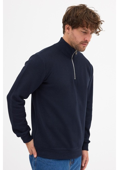 Mmetalic Erkek Lacivert Standart Fit Normal Kesim Pamuklu Yarım Fermuarlı Dik Yaka Pamuklu Sweatshirt Lacivert