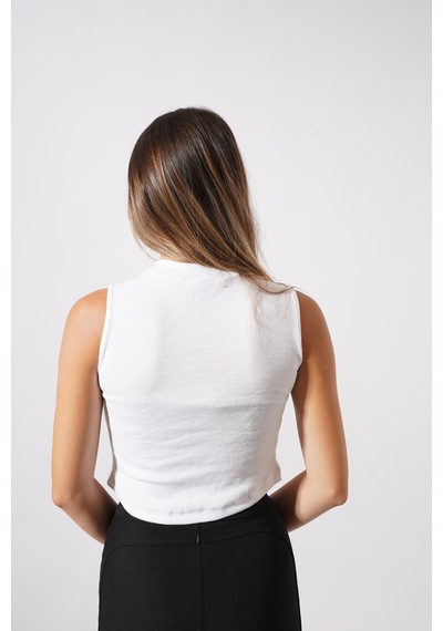Ckm Moda Chester Yüksek Kalite Kadın Yaka Detaylı Fitilli Crop Örme Bluz Beyaz