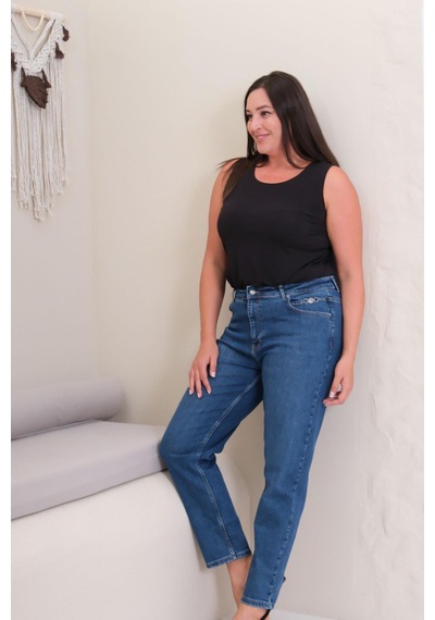 Lacarino 7531 Mom Kadın Jean Pantolon Blue Tokalı