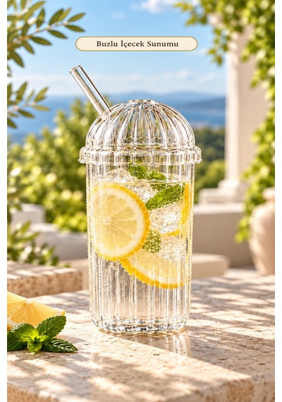 Tilbe Home 2'li Kubbe Kapaklı Pipetli Bardak İskandinav Kahve Sunum Bardağı 430ml Set