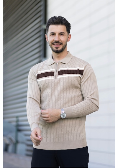 Hk Premium Kazak Polo Yaka Fermuarlı Şerit Detaylı Triko Bej