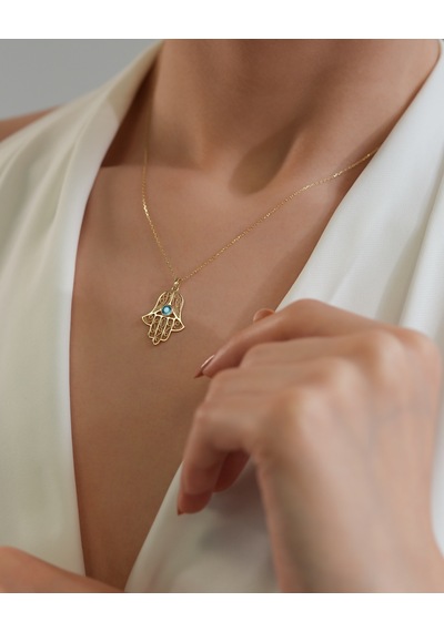 Debora Jewelry 14 Ayar Altın Mavi Zirkon Taşlı Fatma Ana Eli Kolye