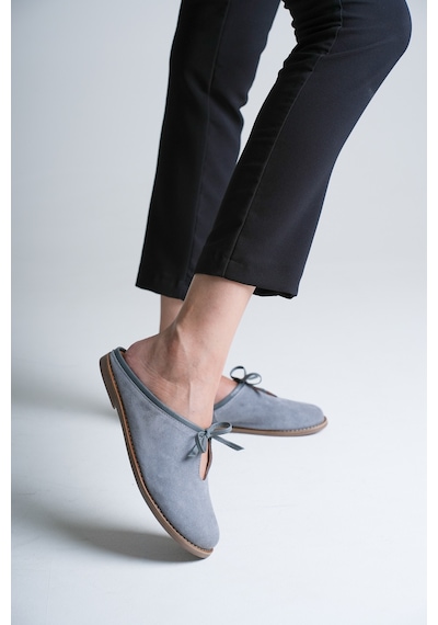 Analin Shoes Kadın Hakiki Deri Fiyonk Detaylı Düz Terlik Gri