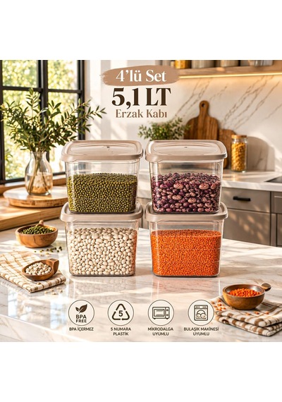 0976 4'lü Kare Erzak Saklama Kabı Seti 5,1 Lt Cafe Latte - Şeffaf Bakliyat, Deterjan & Mutfak Düzenleyici Kutu Diğer