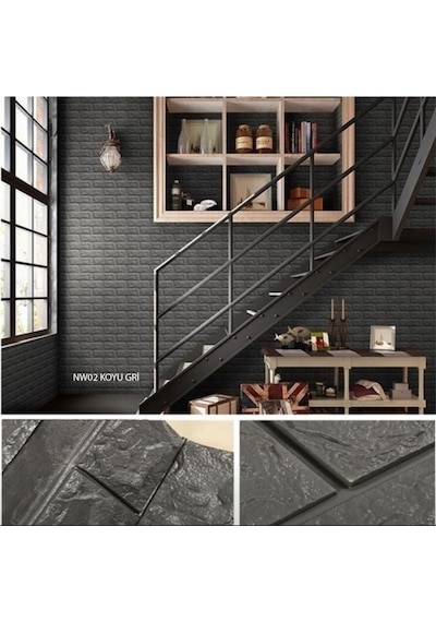 Nw02-70x500cm Kendinden Yapışkanlı Gri Tuğla Desen 3d Duvar Kağıdı Paneli Tek Parça