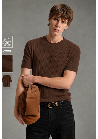 Cool Tarz Erkek Çizgili Triko Tişört Bisiklet Yaka Slim Fit Kısa Kollu Kahverengi Kahverengi