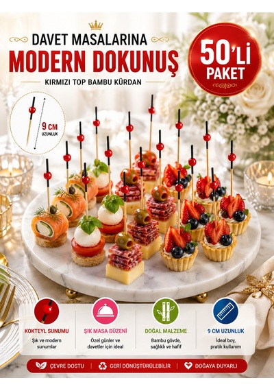 50 Li Paket Kırmızı Top Siyah Bambu Kürdan 9 Cm Kokteyl, Kanepe Ve Tatlı Sunum Kürdanı