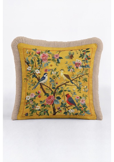 Botanik Kuşlu Çiçekli Desenli Saçaklı Yastık Kılıfı - Vintage Hardal Krem Püsküllü Kırlent Kılıfı Lacivert