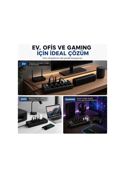 Çoklu Priz 10 Lu Grup Priz Usb Li 3x Usb-a, 1x Usb-c , 3680w 16a, 2 Metre Kablo, Topraklı Uzatma Kablosu, Ev Ofis Gaming İçin Diğer