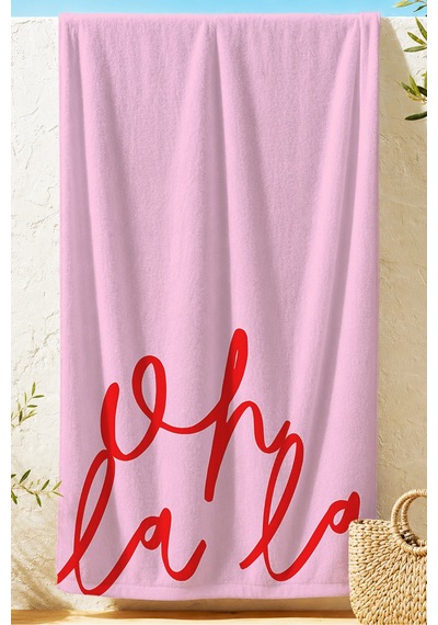 Pembe Yazı Detaylı Plaj Havlusu - Minimalist Pastel Kırmızı Oh La La Hızlı Kuruyan Mikrofiber Havlu Sedef Bahçe