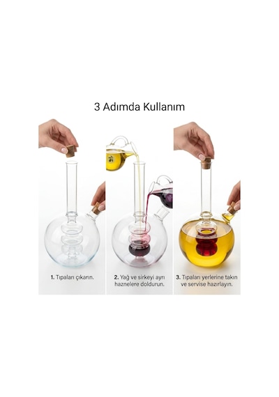 Borosilikat Cam Çift Bölmeli Yağlık Ve Sirkelik 350 Ml, İç Ve Dış Hazneli 2 Si 1 Arada Şeffaf Servis Şişesi, İki Ayrı Ağızlı Mantar Tıpalı Yuvarlak Tasarım Çok Renkli
