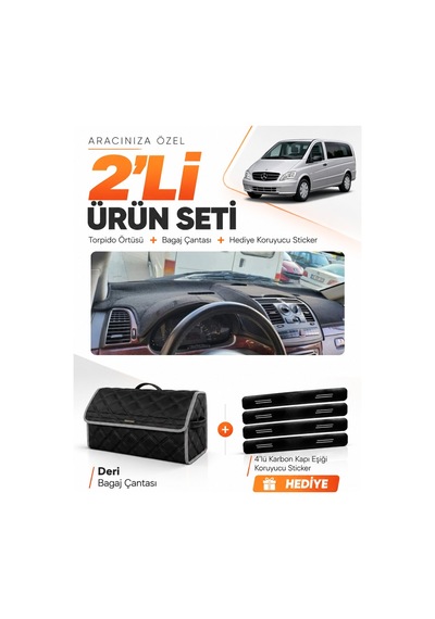Mercedes Vito W639 2003-2014 Uyumlu Torpido Örtüsü + Deri Bagaj Çantası + Sticker Seti - Siyah Gri