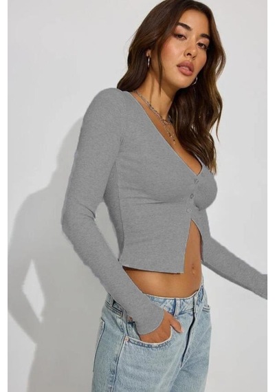Seeh Gri V Yaka Önü Düğmeli Kadın Body Sh219