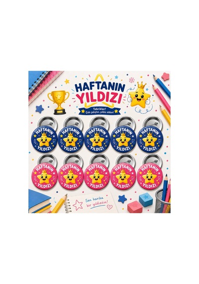 Haftanın Yıldızı 58 Mm İğneli Rozet 10 Adet - Öğrenci Başarı Ve Motivasyon Rozeti Çok Renkli