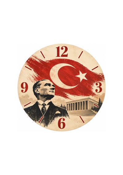 Atatürk Temalı 45 Cm Ahşap Sessiz Akar Mekanizmalı Uv Baskılı Dekoratif Duvar Saati Hediyelik 1095 Çok Renkli