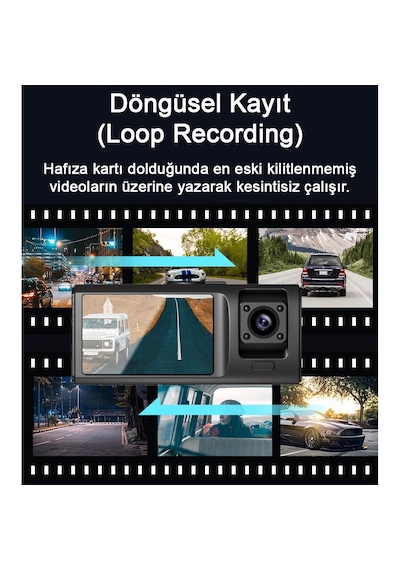 Cr50 3 Kameralı Araç İçi Kamera Seti 2.0 İnç Ips Ekran, Full Hd 1080p Ön / Kabin / Arka Kamera, Park Modu, G-sensör & Gece Görüş Destekli Dash Cam