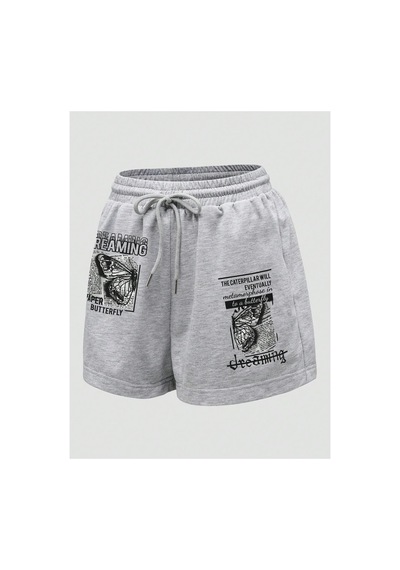 Tarzsokak Butterfly & Slogan Graphic Drawstring Waist Şort Gri