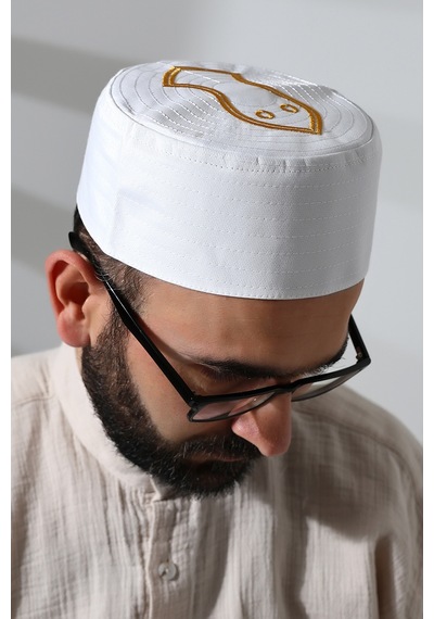 Nalı Şerif Desenli Kalıp Kumaş Takke Beyaz Beyaz