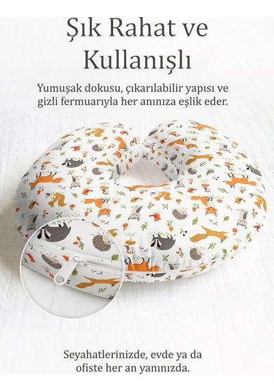 Sevimli Orman Hayvanları Desenli Pamuklu Boyun Yastığı - Turuncu Beyaz Yumuşak Seyahat Yastığı Tozlu Taş Şarap