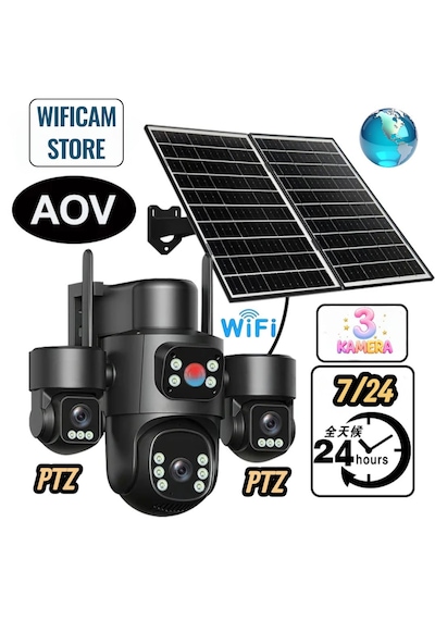3 Kameralı 6 Motorlu Wifi Solar Kamera - Aov 7/24 Kayıt
