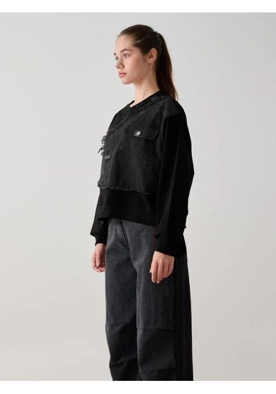 Kız Çocuk Mevsimlik Önü Denim Garni Cepli 3 İplik Sweatshirt-14773 Siyah