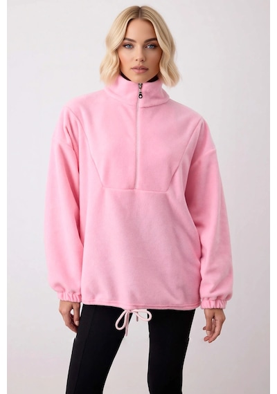 Benerly Kadın Dik Yaka Fermuarlı Polar Regular Kalıp Sweatshirt Fonksiyon Açık Pembe