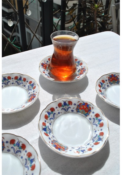 6'lı Porselen Çay Tabağı Etnik Vintage Çini Motifli Çay Tabak 10 Cm - Ahura Kırmızı