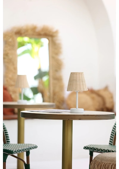 Rattan & Bambu Kablosuz Şarjlı Masa Lambası - Alt Uzun Beyaz Beyaz