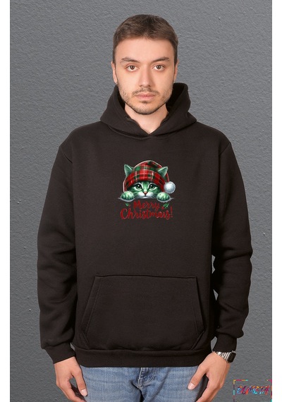 Bumeta Sevimli Kedi Yılbaşı Cute Christmas Sweatshirt Unisex Kapüşonlu Hoodie Siyah