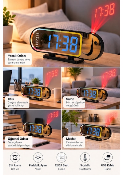 Modern Dijital Led Masa Saati Alarm Özellikli 12 24 Saat Seçenekli Sıcaklık Göstergeli Ekran Diğer