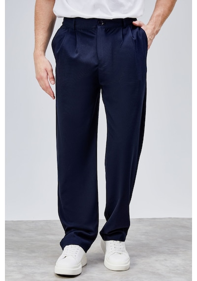 HLT Jeans Erkek Lacivert Çift Pileli Rahat Kesim Beli Lastikli Bol Paça Baggy Pantolon Albert-1989 Lacivert