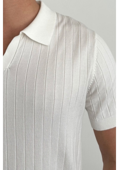 Cool Tarz Erkek Slim Fit Fitilli Polo Yaka Triko T-shirt Beyaz Beyaz