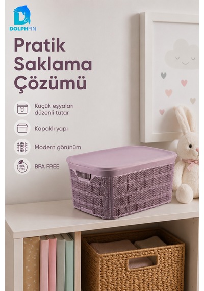 Jute Kapaklı Saklama Kutusu 18 L Plastik Mutfak Kiler Dolap İçi Organizer 31x43x19,5 Cm Mor