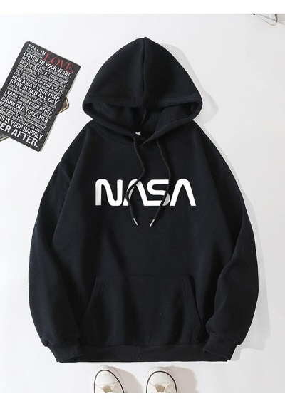 Startmore Siyah Unisex Kadın/erkek Nasa Renkli Baskılı Oversize Kapüşonlu