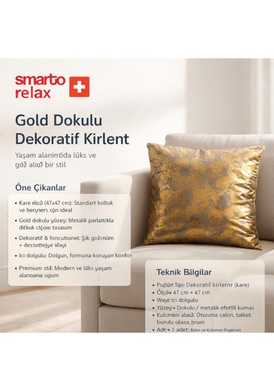 Smarto Relax Tekli Antibakteriyel Desenli Dekoratif Dolgulu Kırlent 45x45 Cm Siyah - Altın