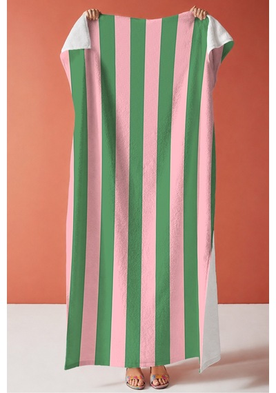 Çizgili Retro Çift Çizgili Plaj Havlusu - Modern Pembe Yeşil Hızlı Kuruyan Mikrofiber Havlu Yumuşak Dalgası